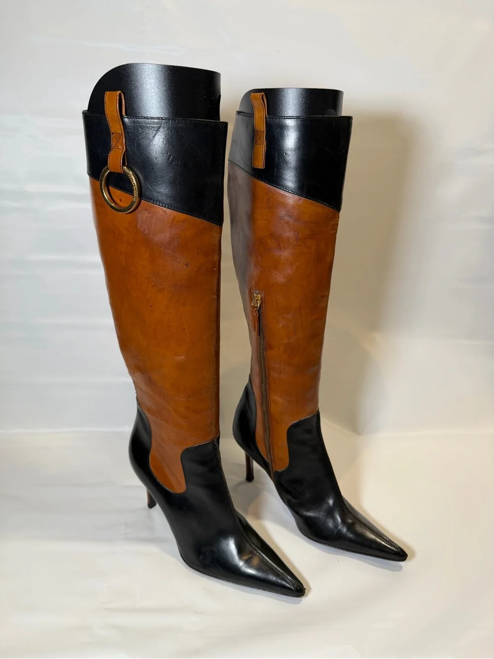 Vintage Dolce & Gabbana Black & Tan Leather Pointed Toe Knee High Boots IT 36 6